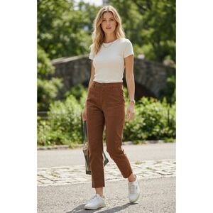NILI LOTAN Jenna Rust Brown Straight Leg Raw‎ Hem Cotton Twill Pants 6 USA $375